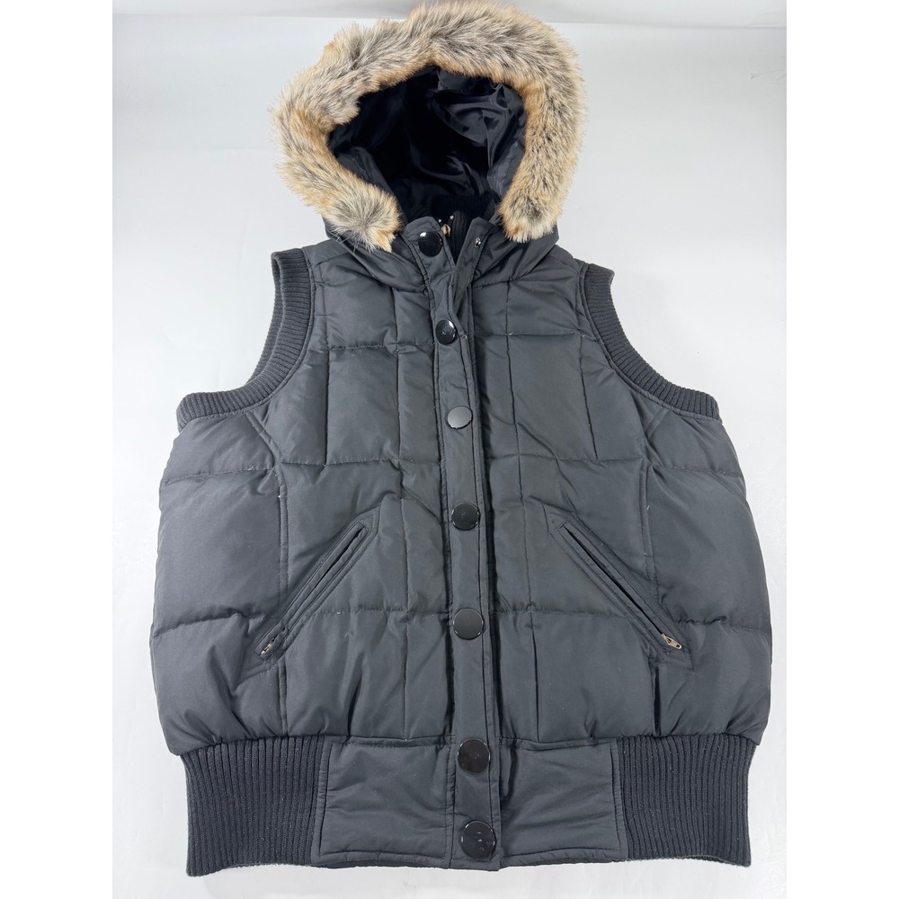 DKNY Black Puffer Vest Faux Fur Hood Ribbed Trim Quilted Sleeveless Jacket L